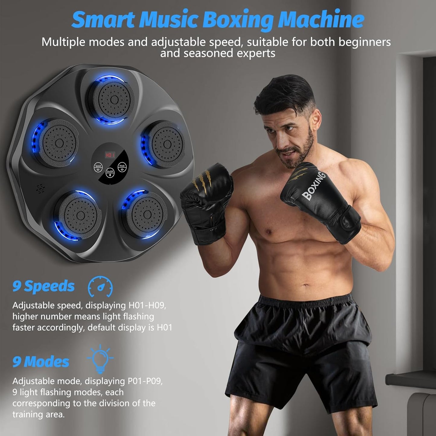 Music Boxing Machine, Interactive Boxing Trainer with Boxing Gloves, Large Wall-Mounted Electronic Boxing Target, 9 Modes and 9 Speeds