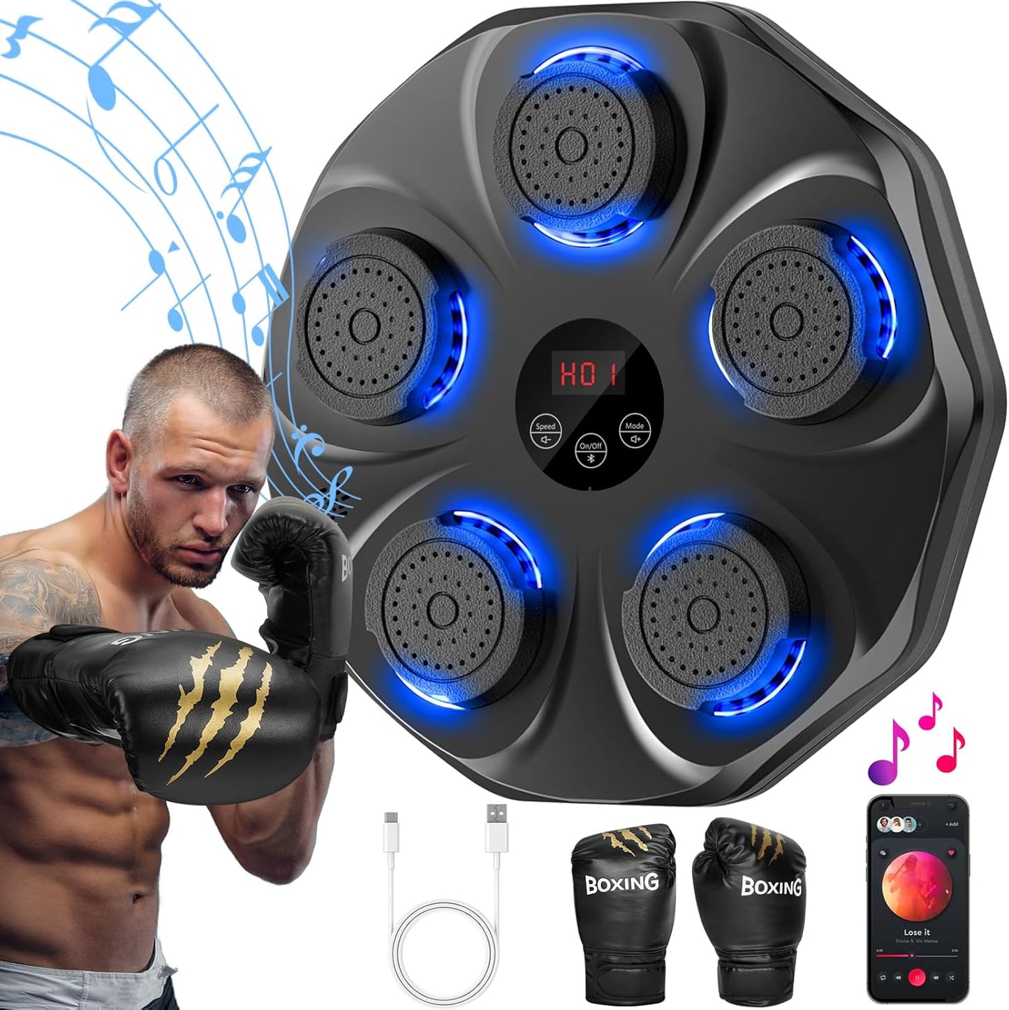 Music Boxing Machine, Interactive Boxing Trainer with Boxing Gloves, Large Wall-Mounted Electronic Boxing Target, 9 Modes and 9 Speeds