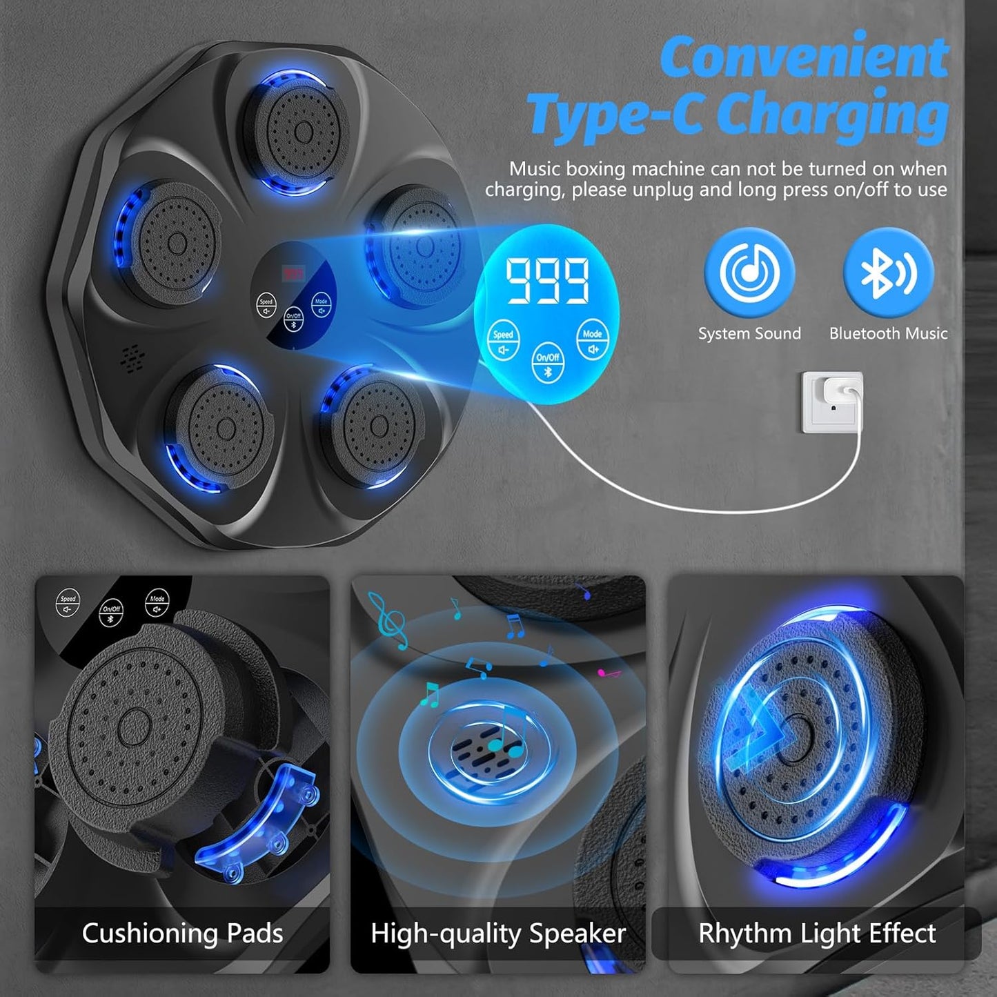 Music Boxing Machine, Interactive Boxing Trainer with Boxing Gloves, Large Wall-Mounted Electronic Boxing Target, 9 Modes and 9 Speeds